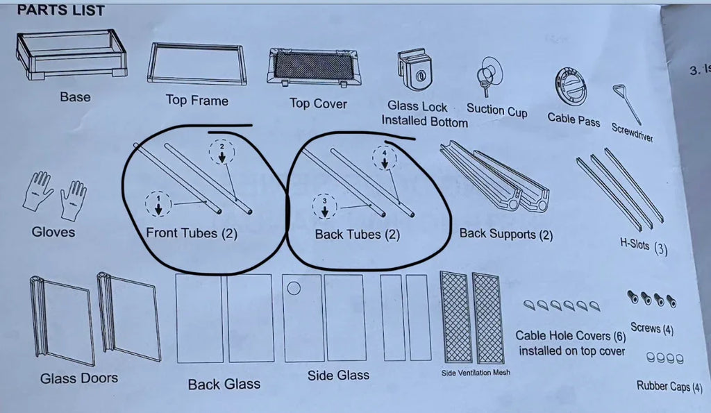 Parts list with labeled reptile terrarium components, including front tubes, back tubes, glass doors, and mesh.