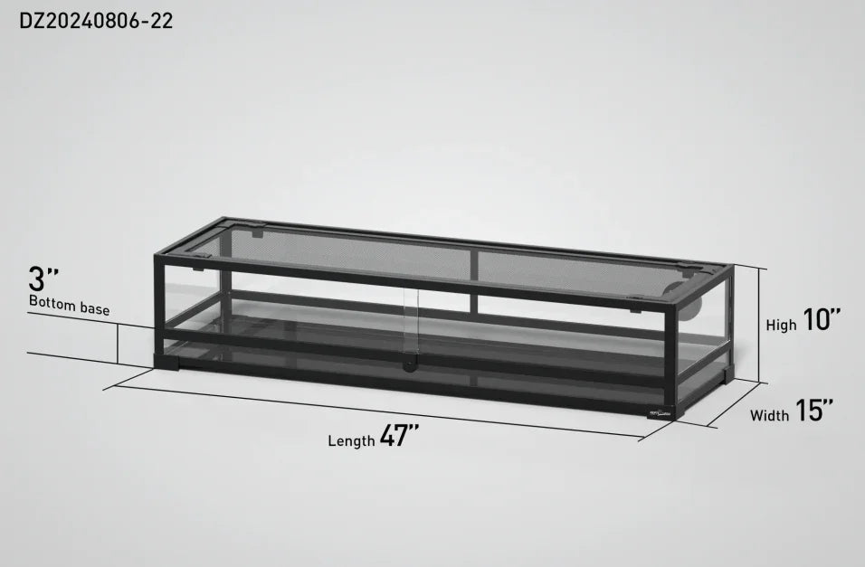 Glass reptile terrarium with black frame, mesh top, and dimensions 47x15x10 inches shown.