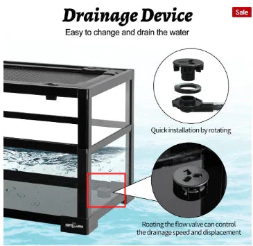 Reptile terrarium with drainage device, showing water drain valve and quick installation steps.