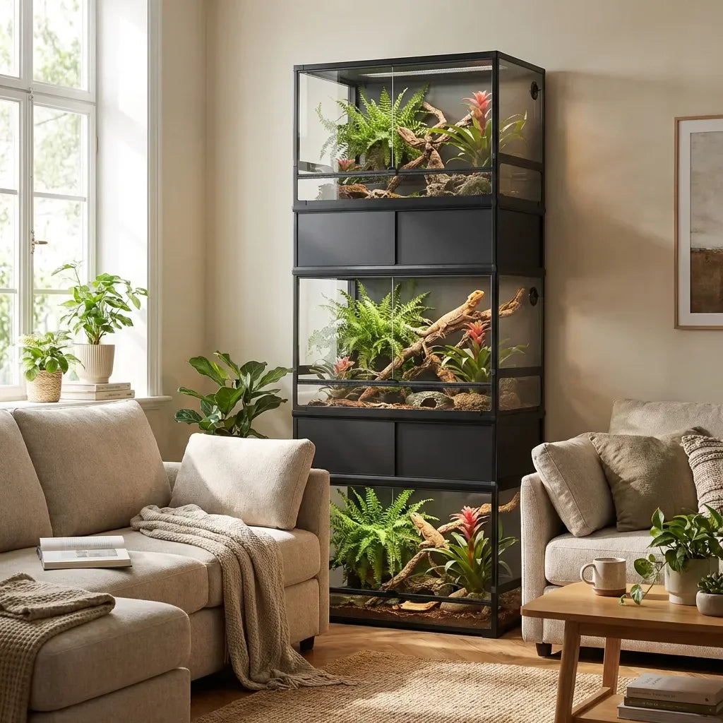 Stacked reptile terrariums with plants in a modern living room, ideal for custom reptile cages.