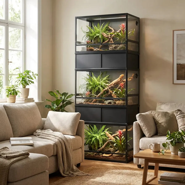 Stacked reptile terrariums with plants in a modern living room, ideal for custom reptile cages.
