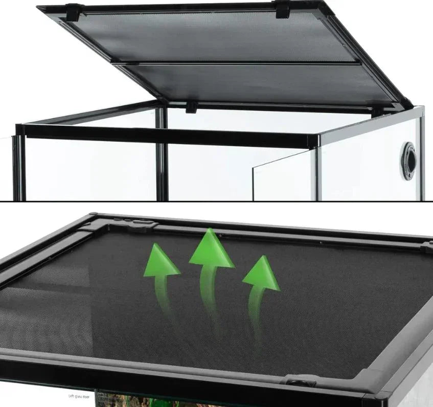 Close-up of reptile terrarium with mesh lid, ventilation arrows, and hinged opening top Main image