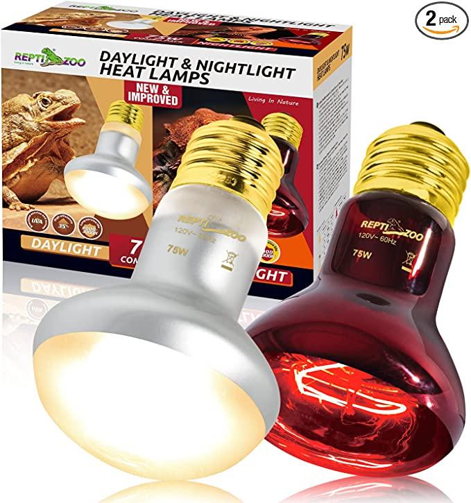 REPTIZOO 75W Reptile Heat Lamp Bulb 2PCS Combo Pack Includes Nightlight Infrared Heat Emitter and UVA Daylight Heating Lamp - REPTI ZOO