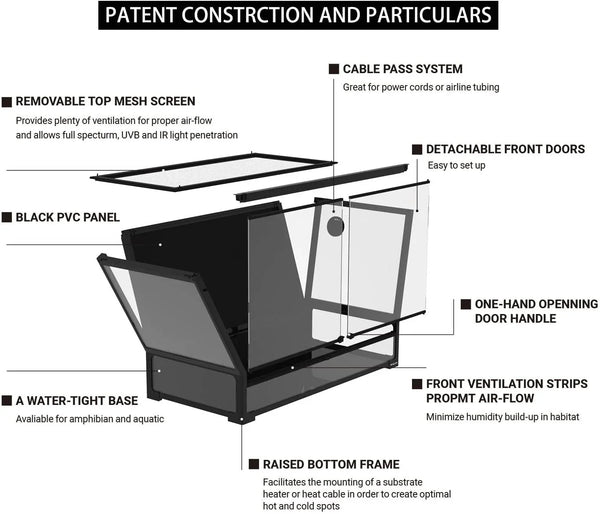 REPTI ZOO Easy Folding Reptile Terrarium 64 Gallon, Full Tempered Glass Reptile Tank 36" x 18"x 24", One-Hand Operation & 2-Minutes Assemble NRK0113 - REPTI ZOO