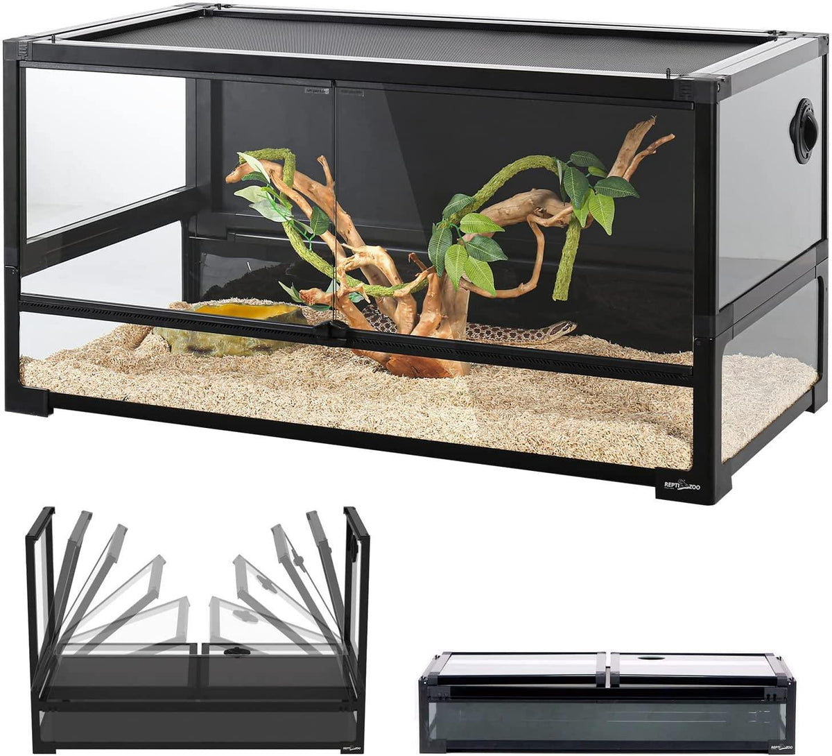 REPTI ZOO 50 Gallon Tempered Glass Reptile Large Terrarium Tank with Black PVC Back Panel Reptile Terrarium 36"x18"x18" Easy Folding NRK0114 - REPTI ZOO