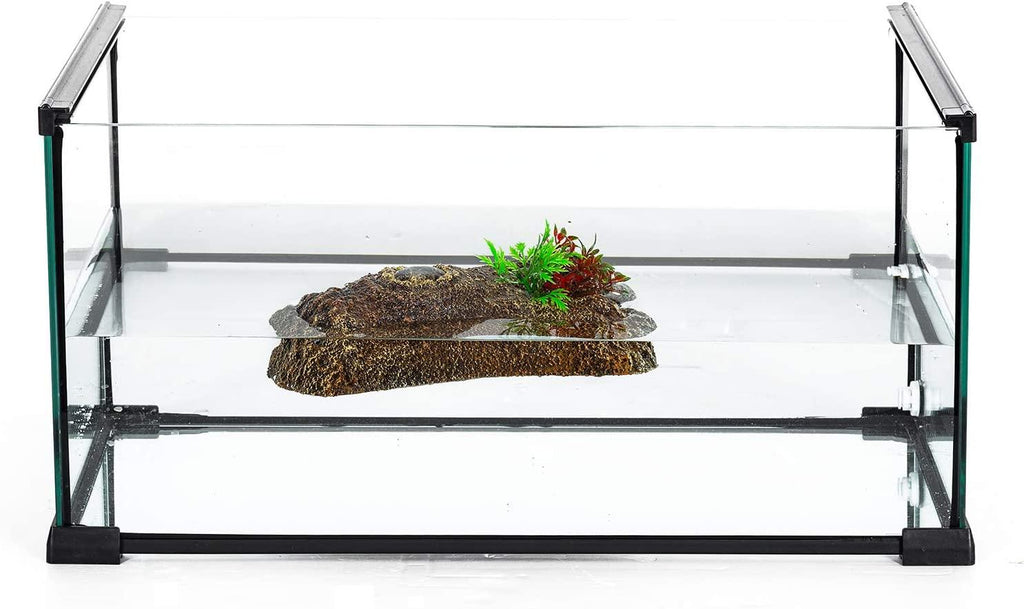 REPTI ZOO 2 in 1 Turtle Floating Bark, Artificial Turtle Floating Basking Platform Tortoise Climbing Platform with Food Dish and Plants (Medium) - REPTI ZOO