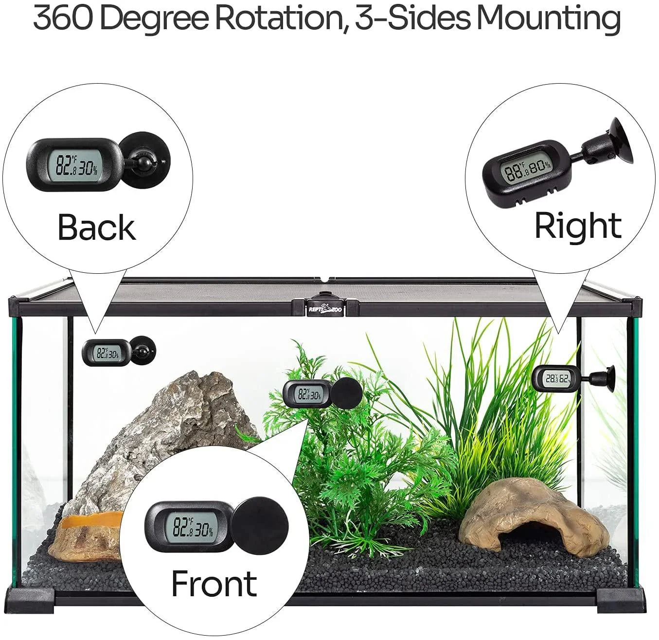 REPTI ZOO Reptile Terrarium Thermometer Hygrometer Digital Display 2PCS 360 Degree Rotation with Suction Cup, 3-Sides Mounting Secondary image