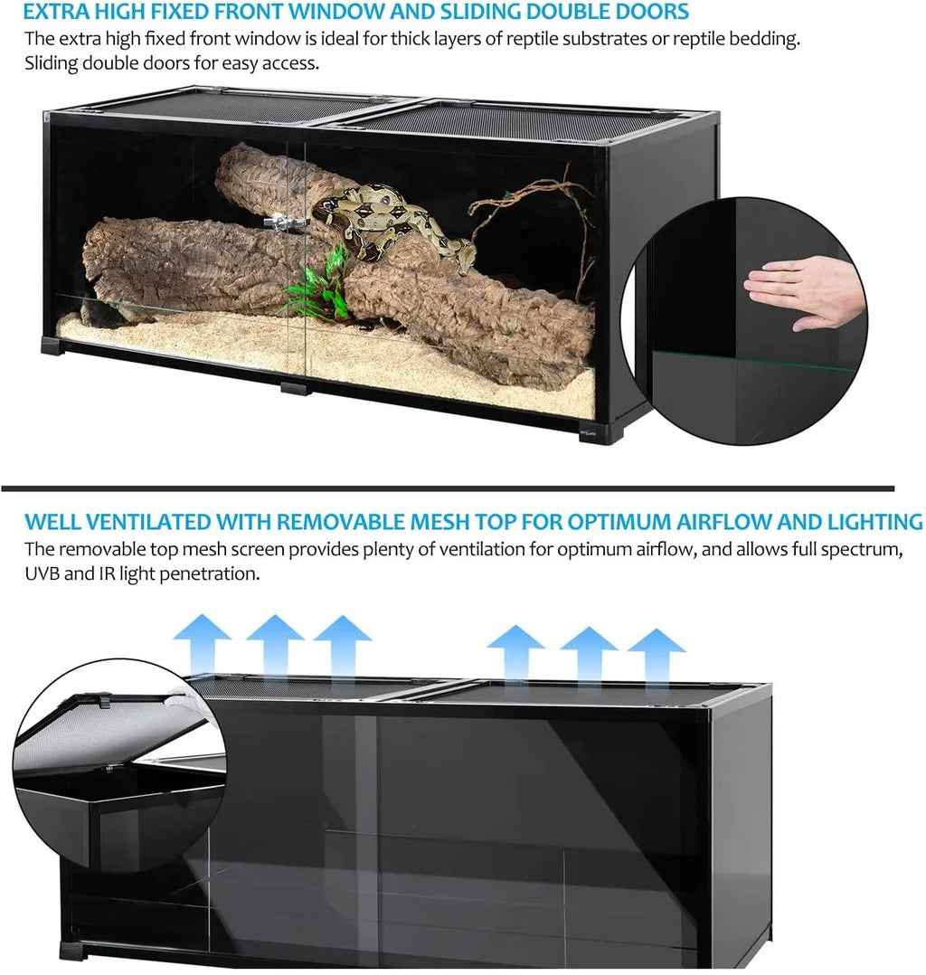 Full Tempered Glass 64 Gallon Reptile Terrarium 48" X 18" X 18", Black-Tinted ECO-Terrarium to Reduce Stress RKF0315B - REPTI ZOO
