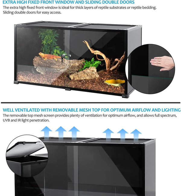 REPTI ZOO 2nd-Generation 120 Gallon Reptile Terrarium 48" x 24" x 24", Black-Tinted Glass ECO-Terrarium to Reduce Stress, Fully Knock-Down RKF0318B - REPTI ZOO