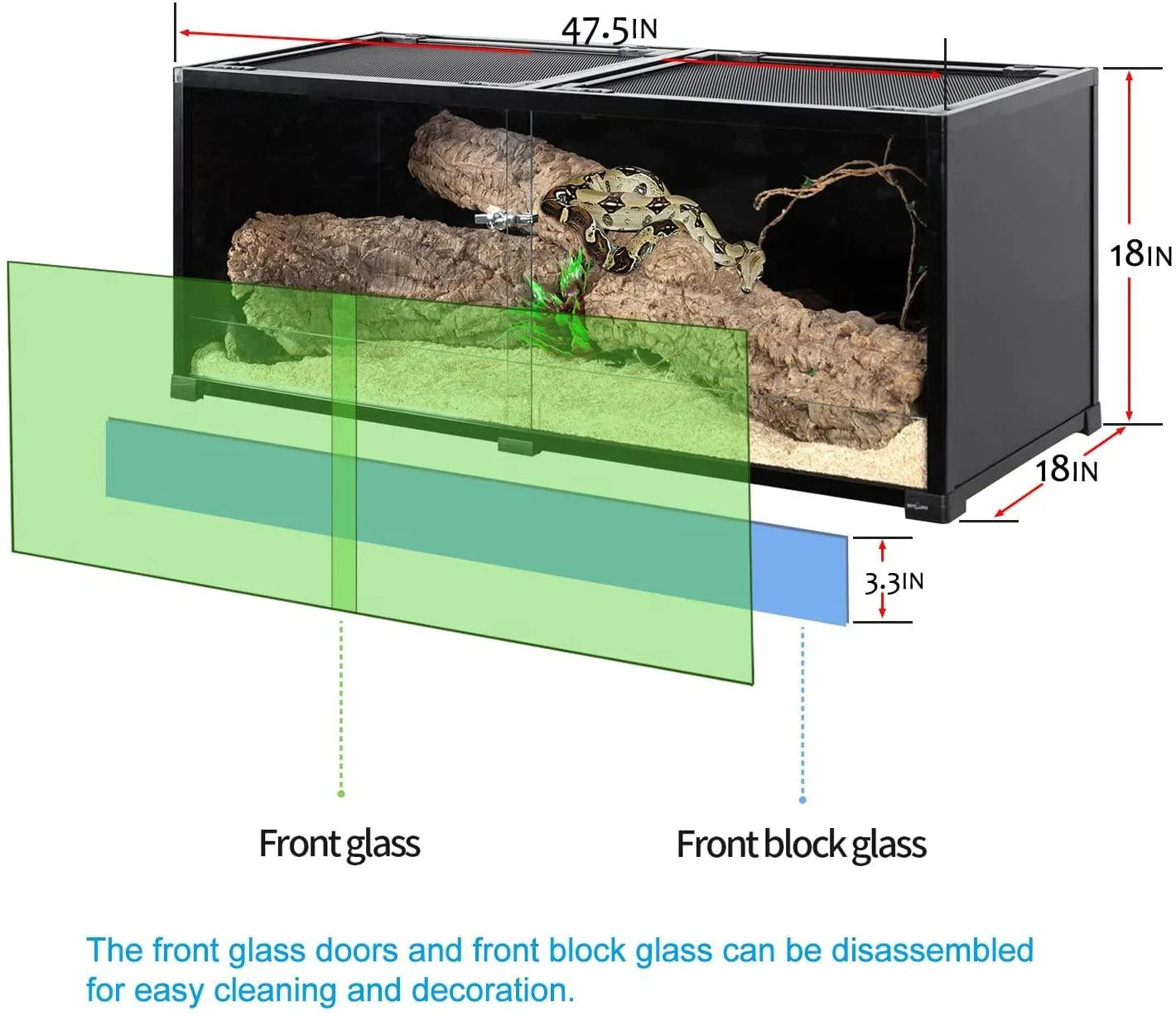 Full Tempered Glass 64 Gallon Reptile Terrarium 48" X 18" X 18", Black-Tinted ECO-Terrarium to Reduce Stress  RKF0315B Secondary image