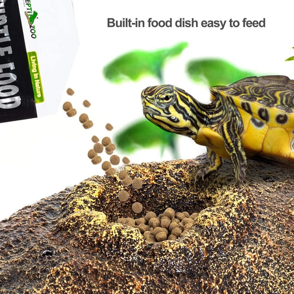 REPTI ZOO 2 in 1 Turtle Floating Bark, Artificial Turtle Floating Basking Platform Tortoise Climbing Platform with Food Dish and Plants (Medium) - REPTI ZOO