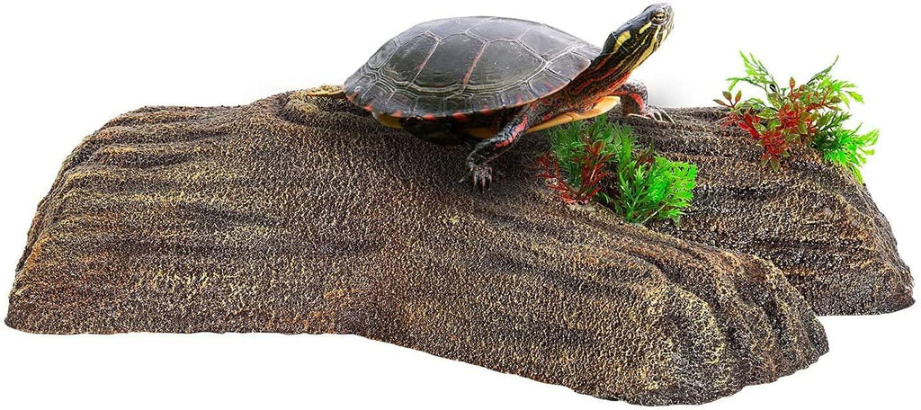 REPTI ZOO 2 in 1 Turtle Floating Bark, Artificial Turtle Floating Basking Platform Tortoise Climbing Platform with Food Dish and Plants (Medium) - REPTI ZOO