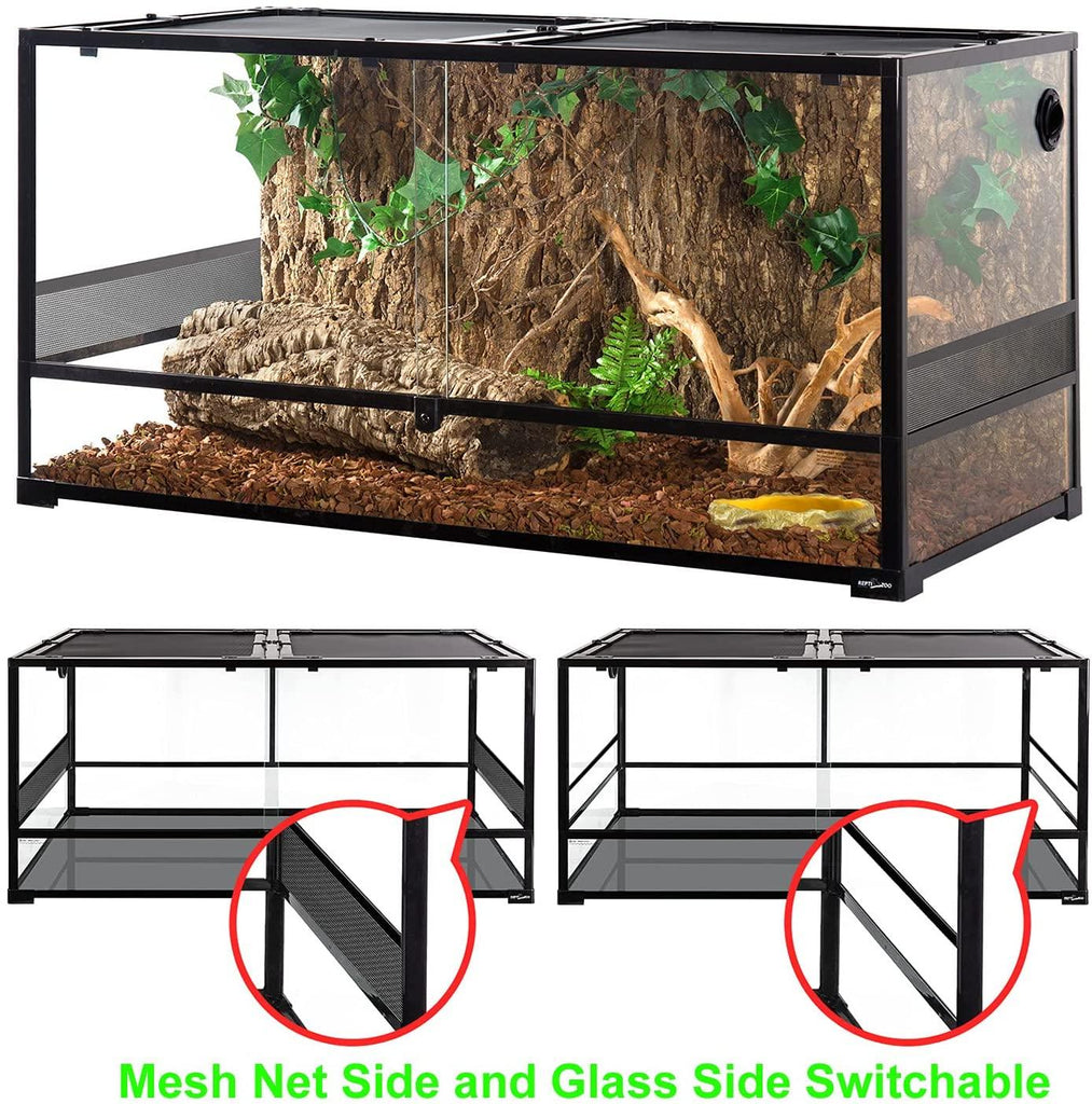 REPTIZOO 120 Gallon 48" x 24" x 24" Large Glass Reptile Terrarium, Tall & Wide Reptile Habitat Tank (Side Net Panel & Glass Switchable) RK0239 - REPTI ZOO