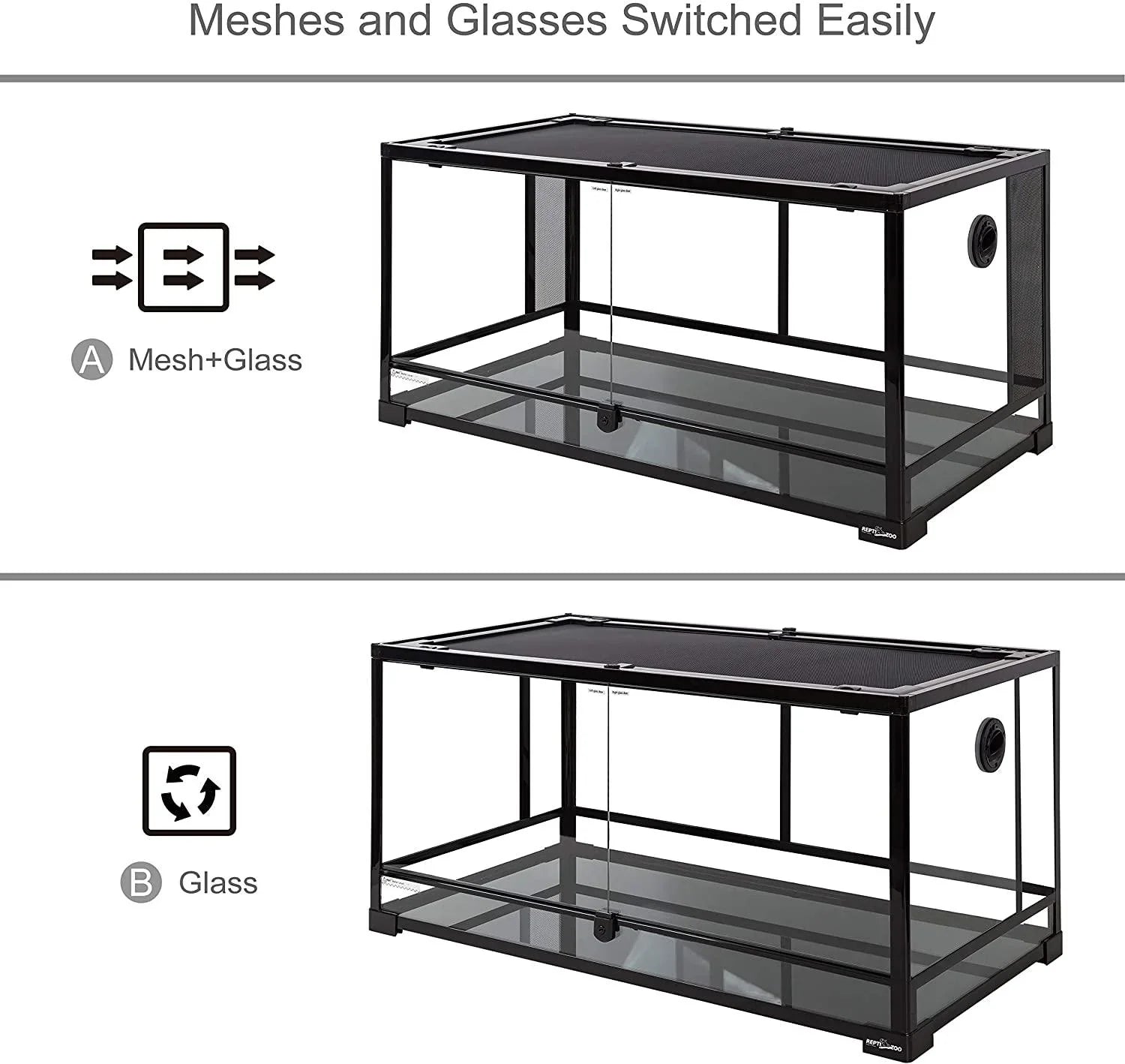 50 Gallon 36" x 18" x 18" Reptile Terrarium 2 in 1 Side Meshes Glasses and Side Full Glasses Double Hinge Door bearded dragon or snake tank RK0119P - REPTI ZOO
